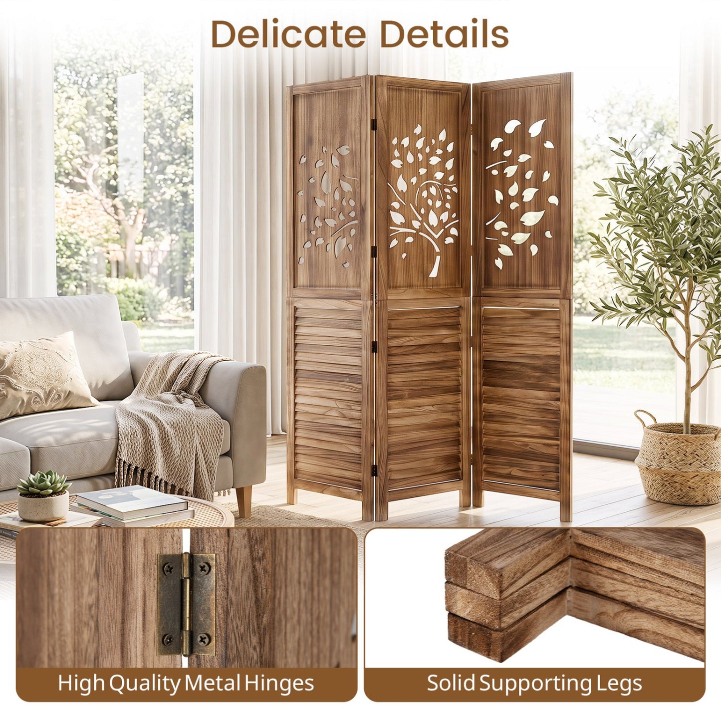 3-Panel Folding Room Divider with Tree Cutout Design, 67" Tall