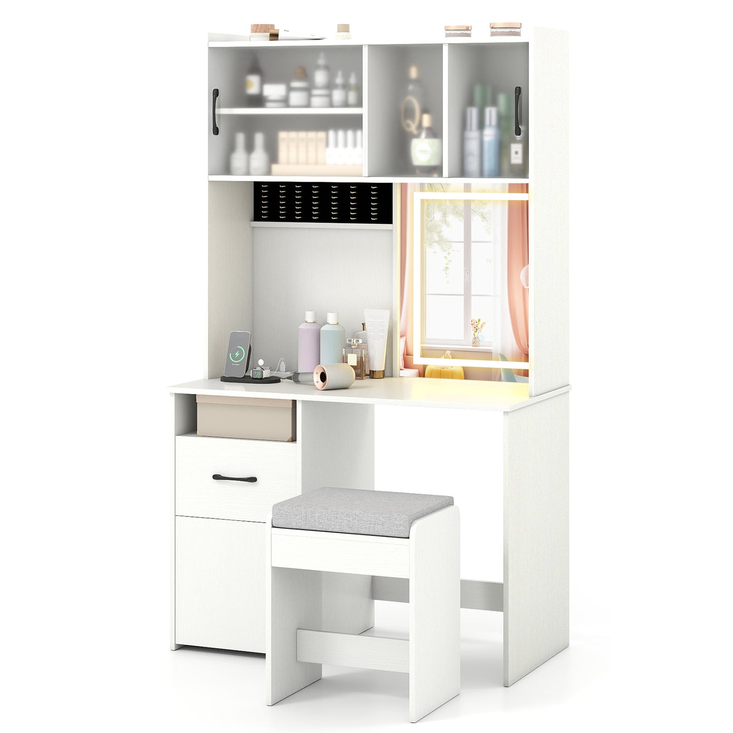 Tall Vanity Set with Lighted Mirror and Charging Station