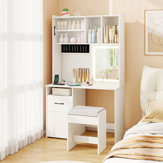 Tall Vanity Set with Lighted Mirror and Charging Station