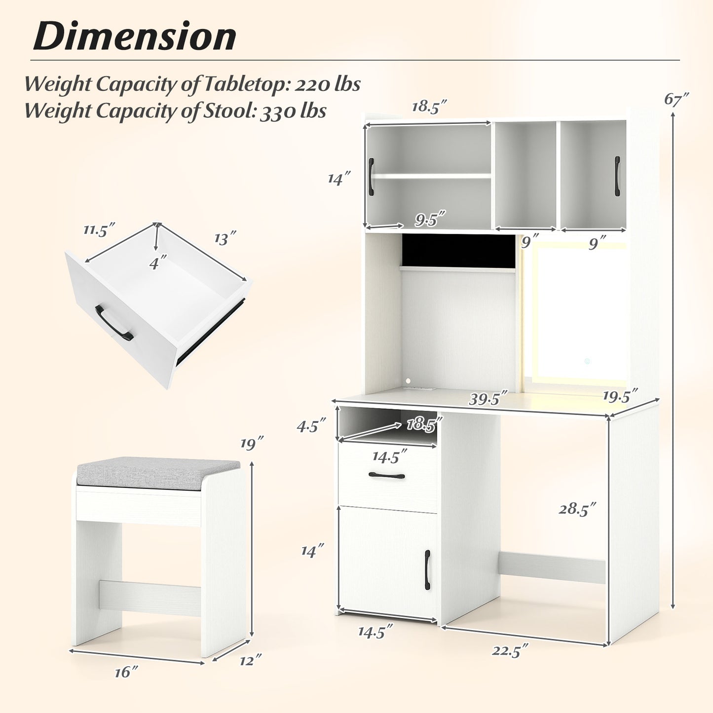 Tall Vanity Set with Lighted Mirror and Charging Station
