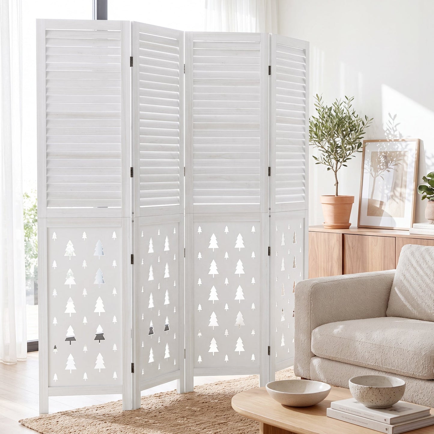 6-Panel Wood Room Divider with Tree Pattern - 67" Tall