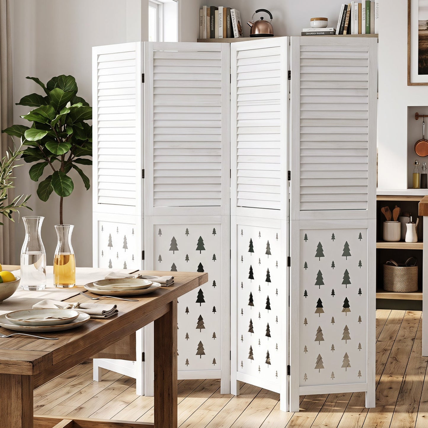 6-Panel Wood Room Divider with Tree Pattern - 67" Tall