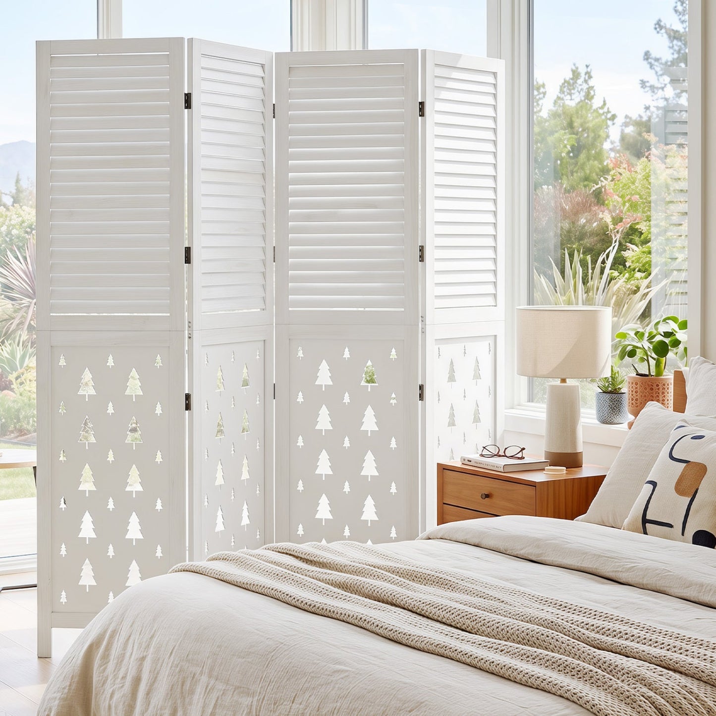6-Panel Wood Room Divider with Tree Pattern - 67" Tall
