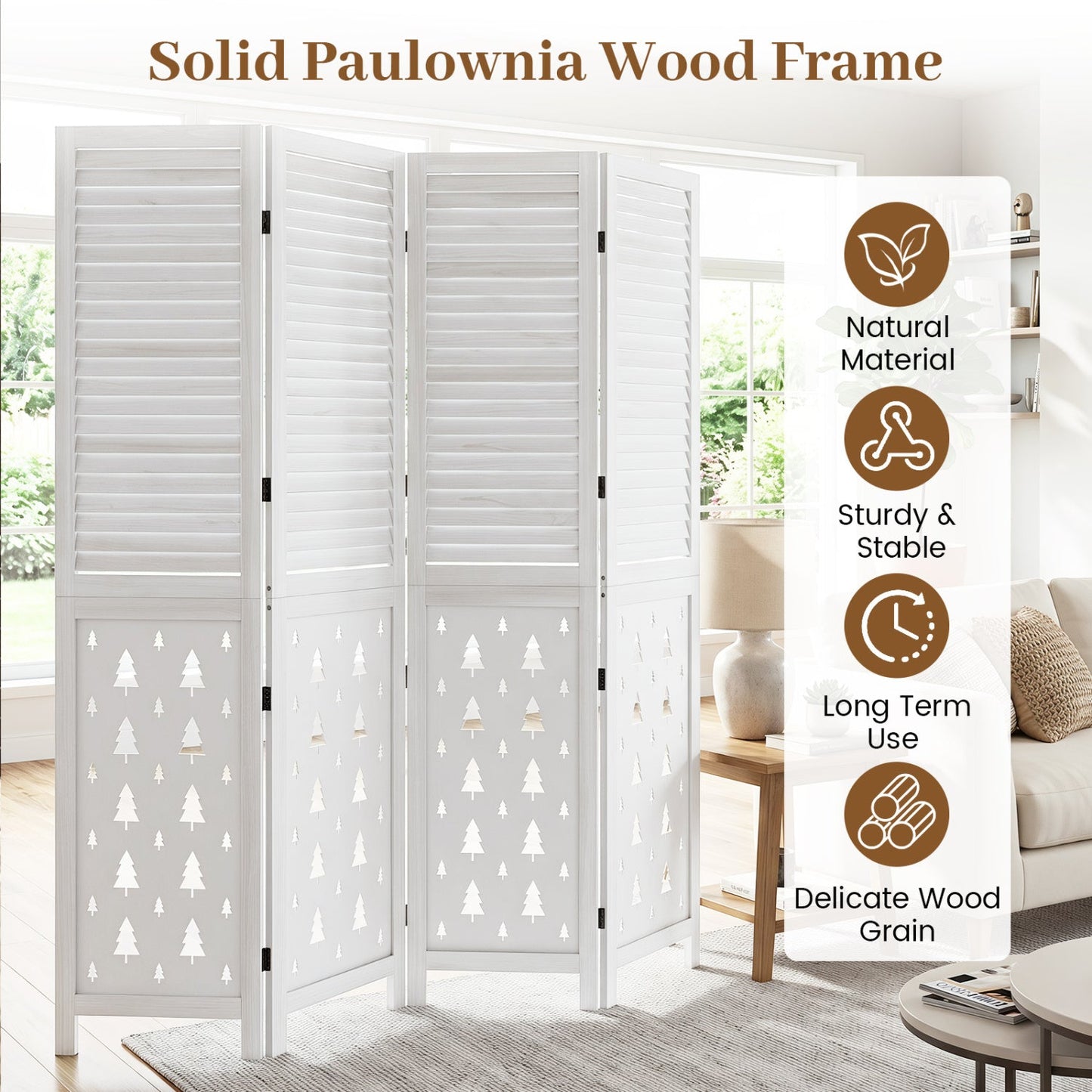 6-Panel Wood Room Divider with Tree Pattern - 67" Tall