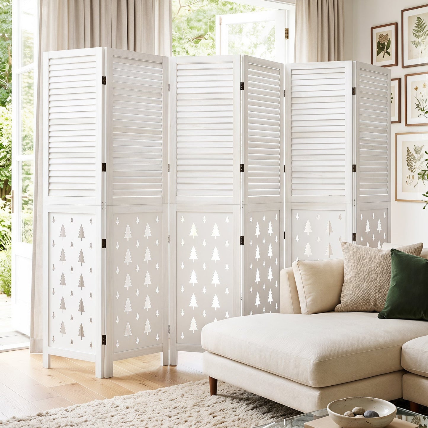 6-Panel Wood Room Divider with Tree Pattern - 67" Tall