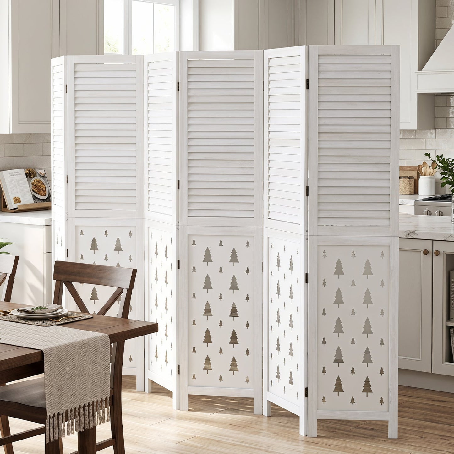 6-Panel Wood Room Divider with Tree Pattern - 67" Tall