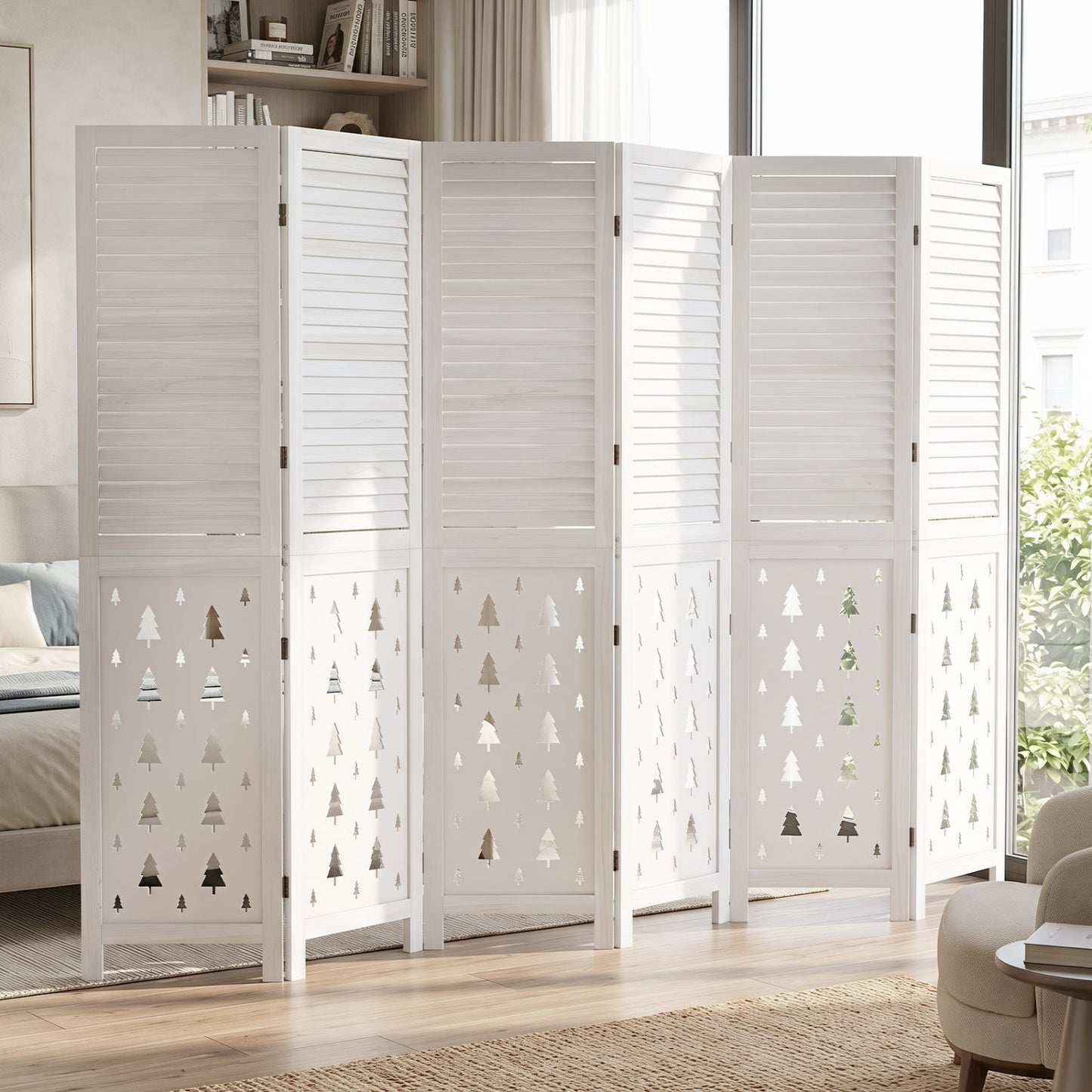 6-Panel Wood Room Divider with Tree Pattern - 67" Tall