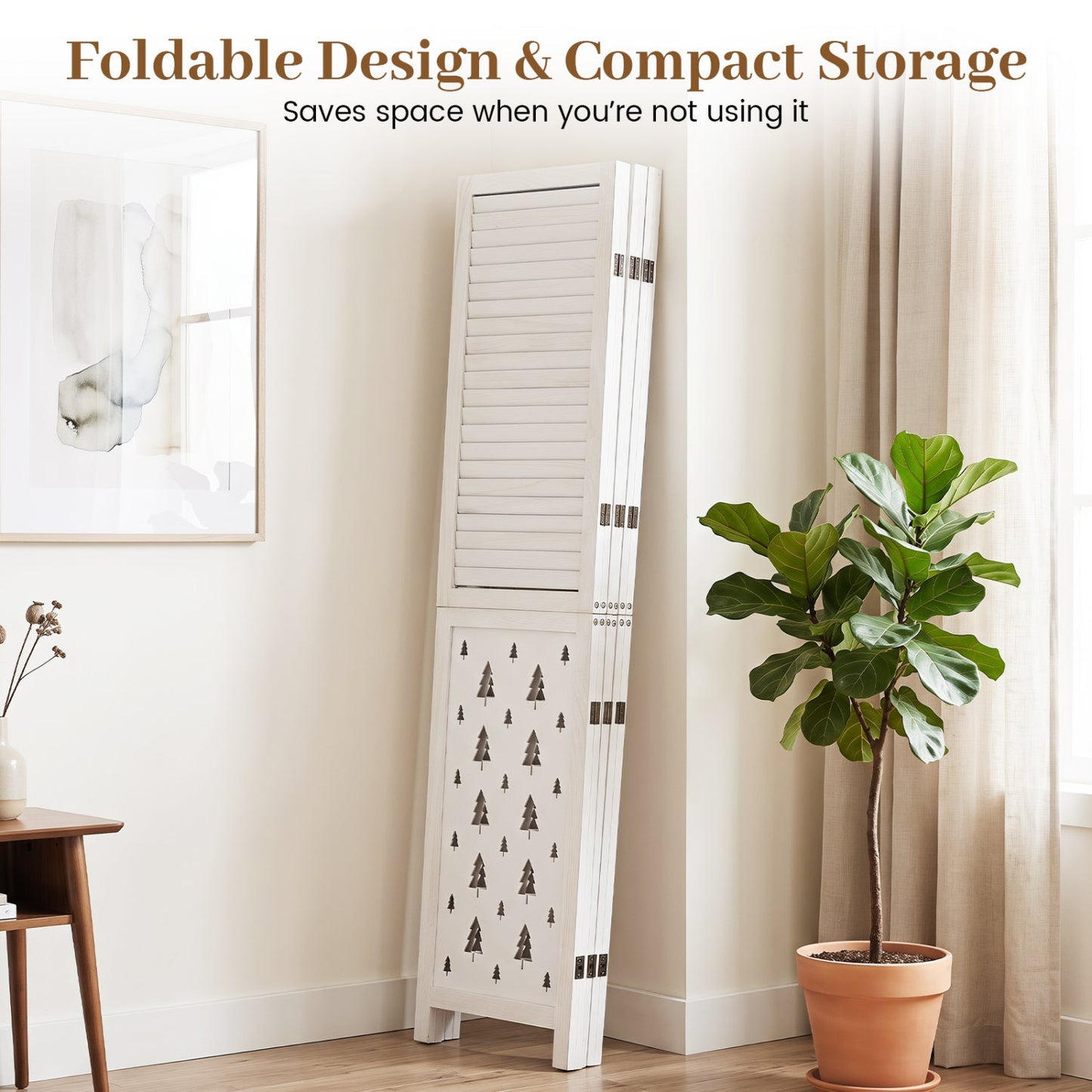 6-Panel Wood Room Divider with Tree Pattern - 67" Tall