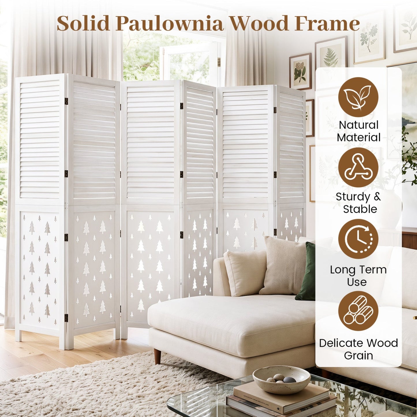 6-Panel Wood Room Divider with Tree Pattern - 67" Tall