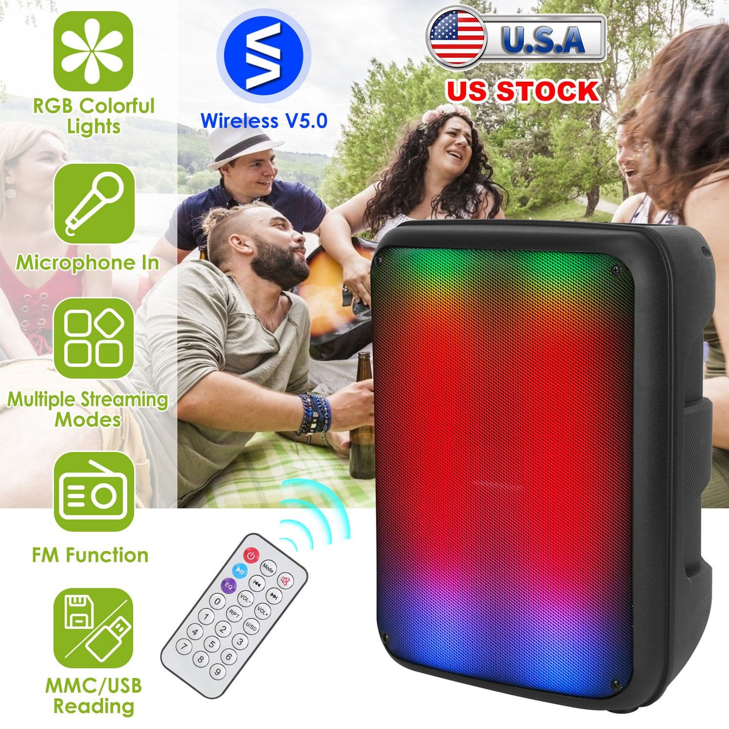 Portable Bluetooth Party Speaker 8" with RGB Lights & Karaoke