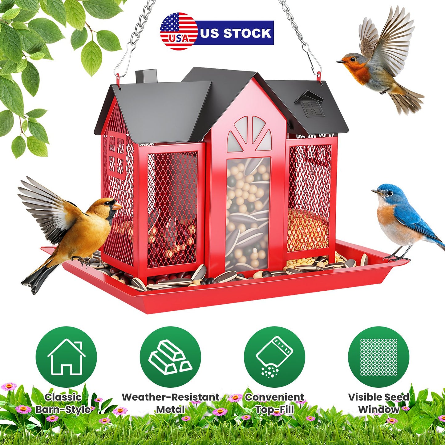 Barn Bird Feeder with Transparent Window & Lift Top Lid