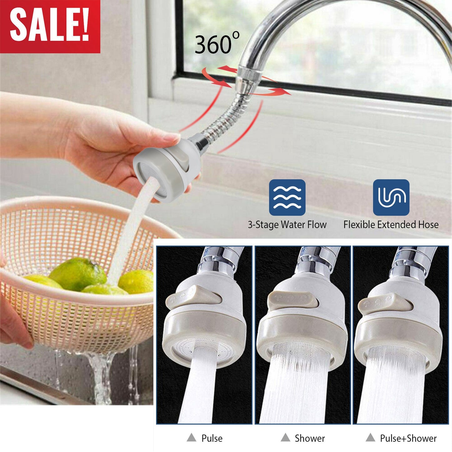360° Rotatable Kitchen Faucet Aerator with 3 Spray Modes