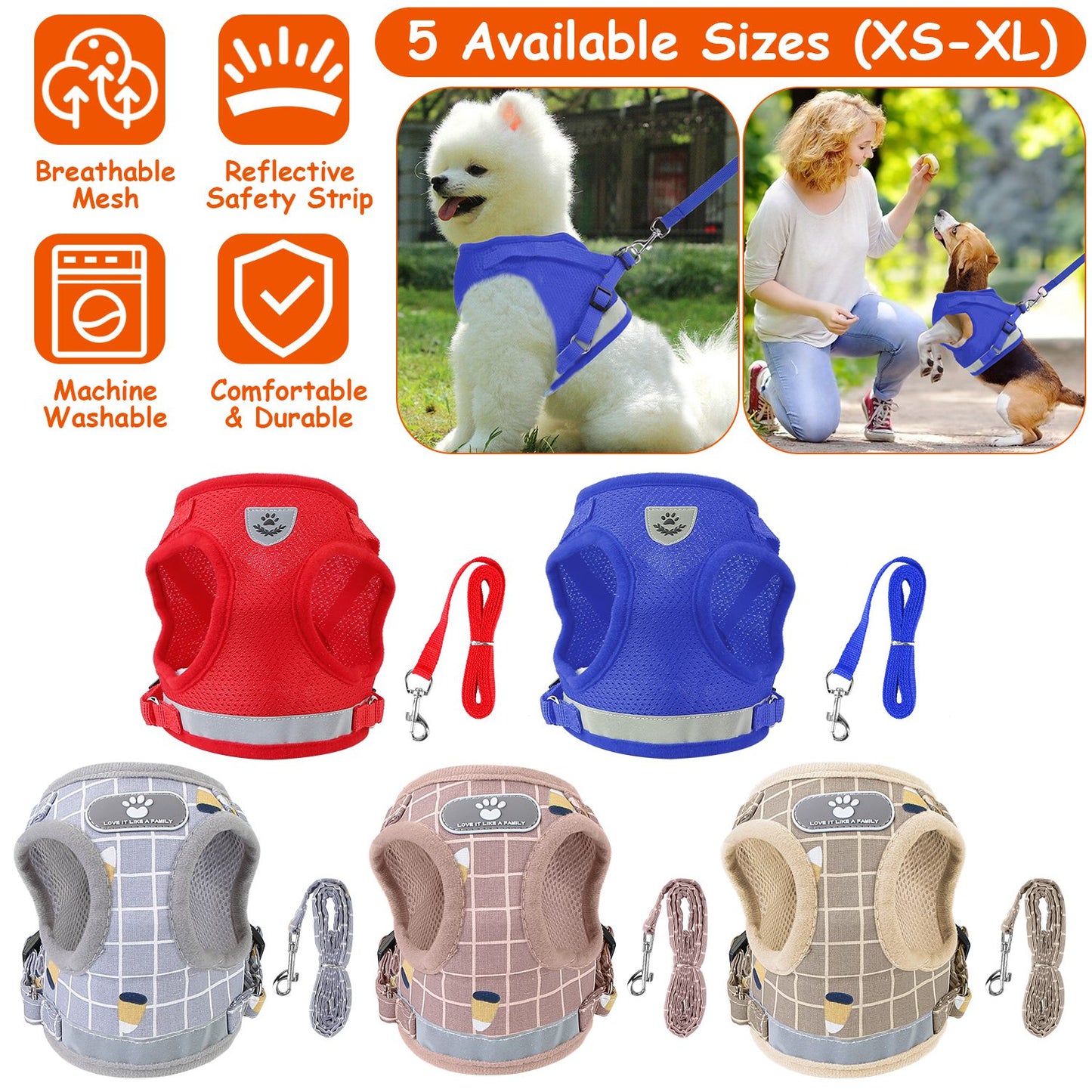 Reflective Dog Harness and Leash Set with Adjustable Mesh Vest