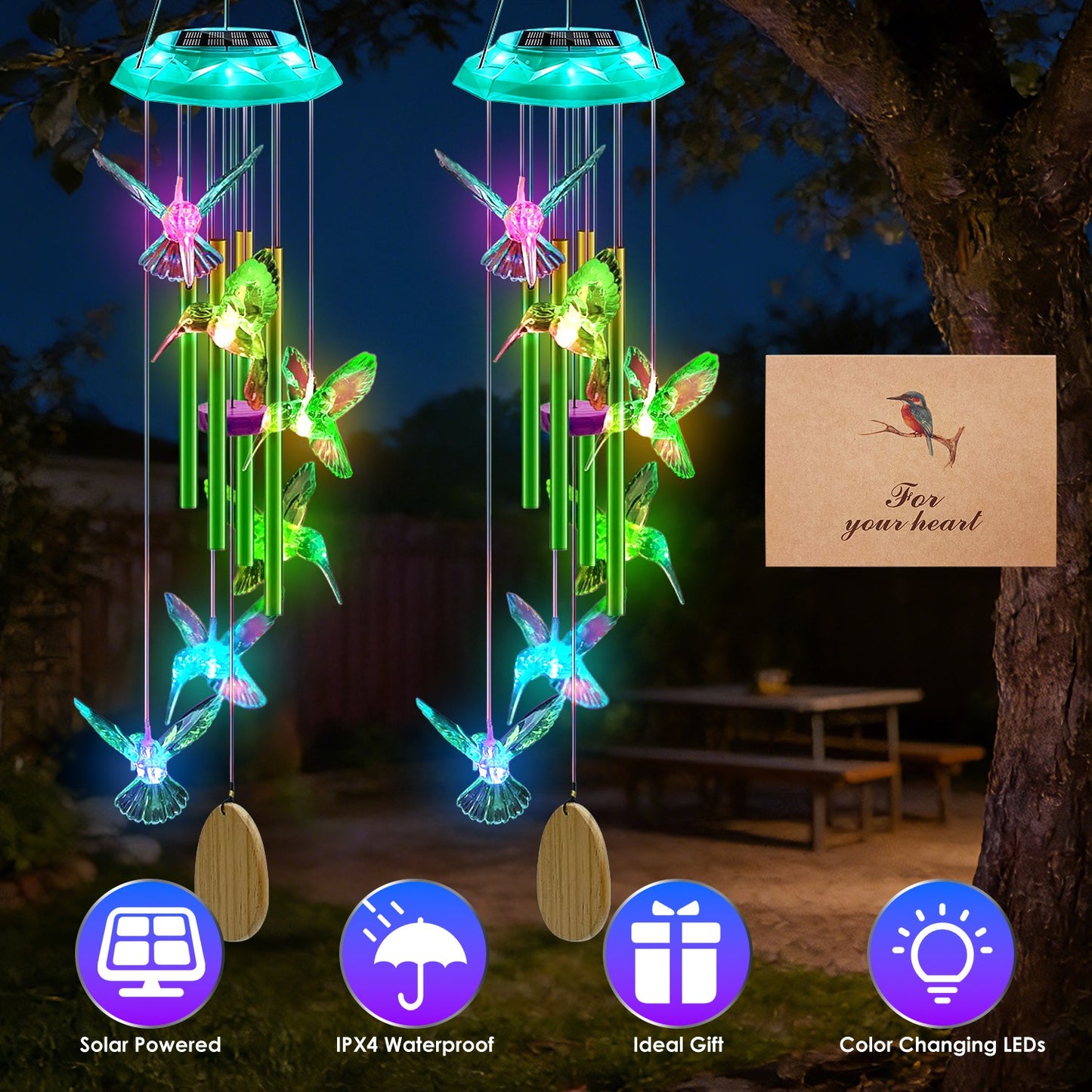 Solar Wind Chime with Color-Changing LED Lights & Aluminum Tubes