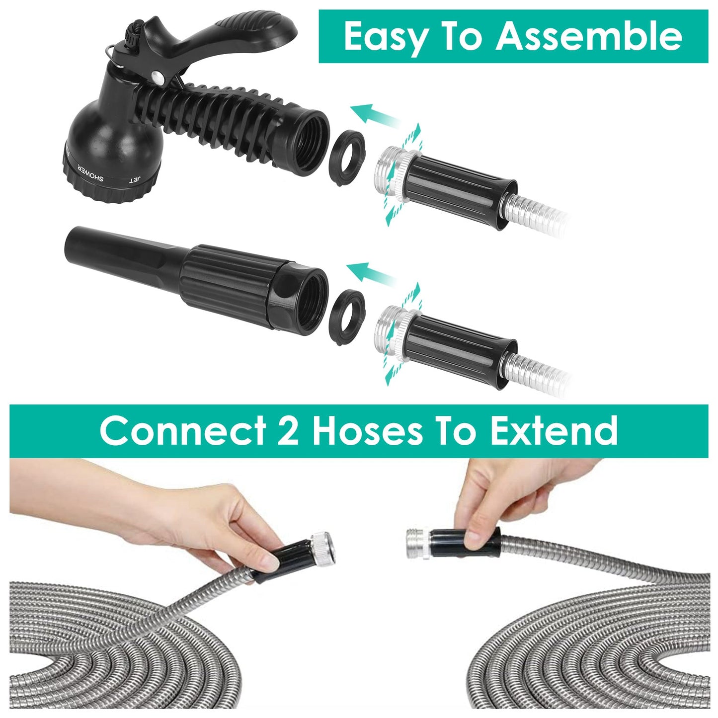 Stainless Steel Garden Hose with Dual Spray Nozzles