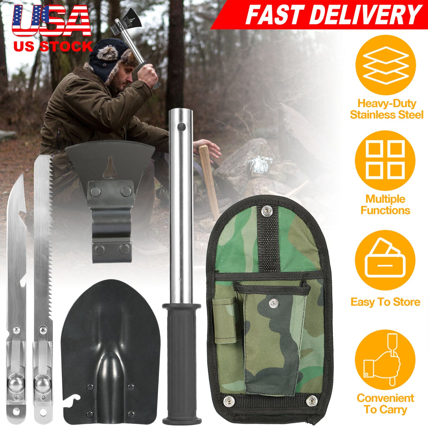 6-in-1 Multi-Tool Survival Kit with Shovel, Axe, Knife & Saw