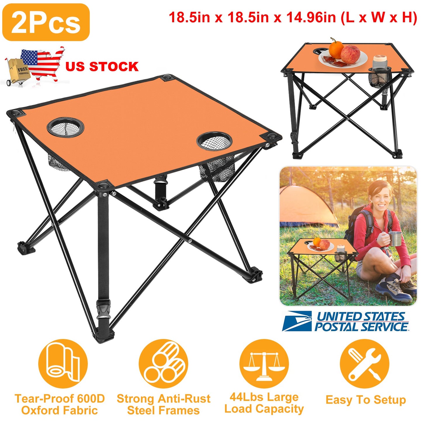 Foldable Camping Table with Cup Holders & Carry Bag (2-Pack)