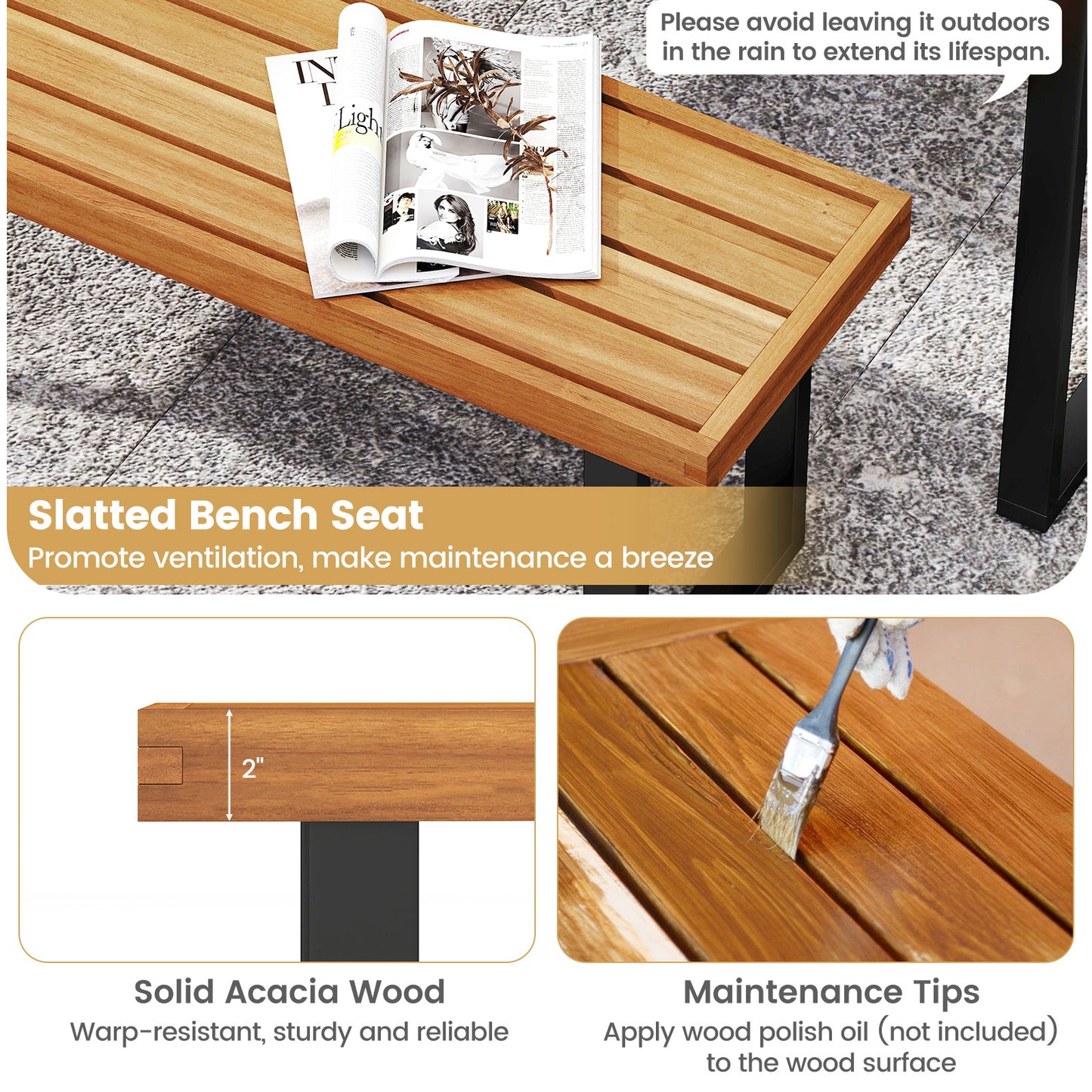 48-Inch Acacia Wood Outdoor Bench Set of 2