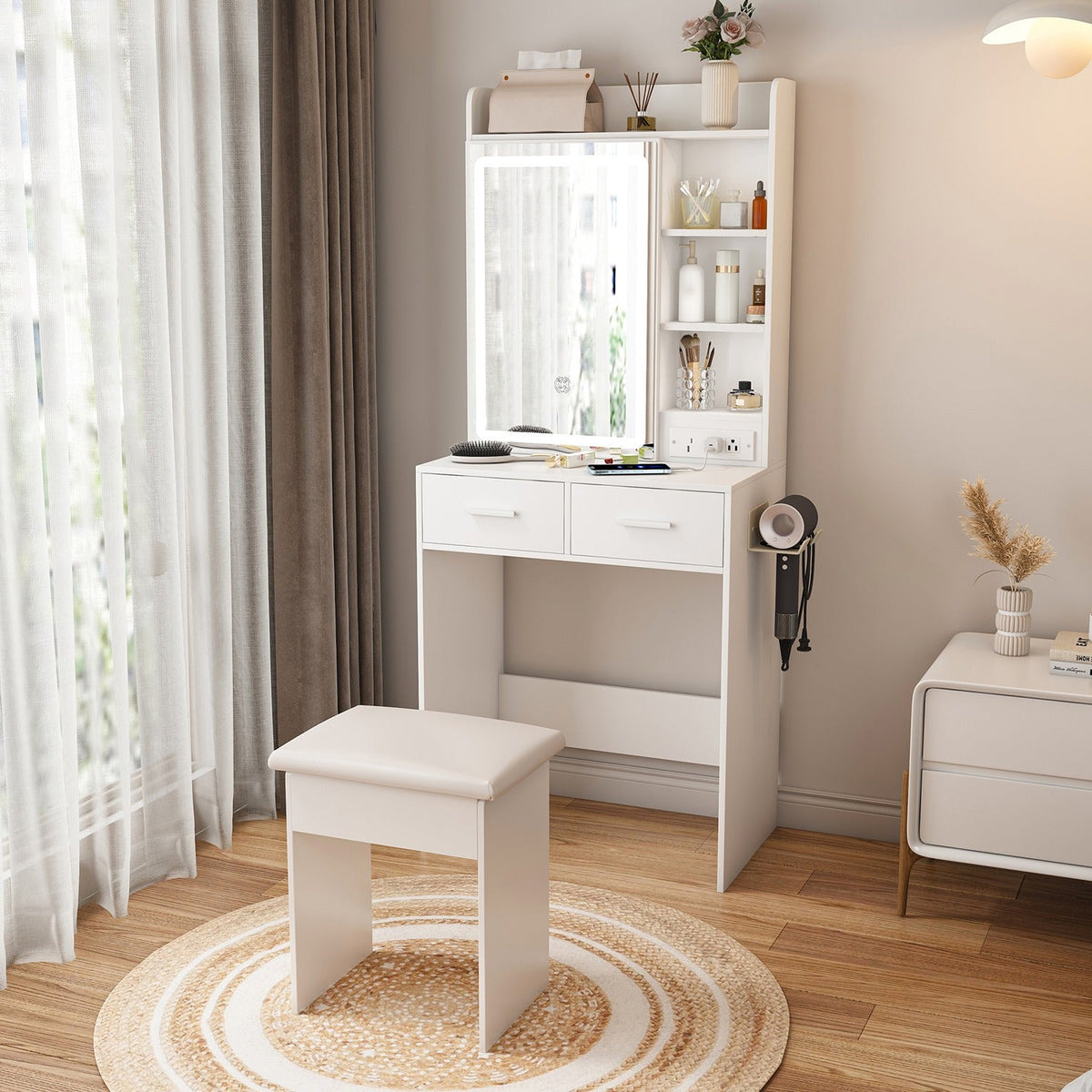 Vanity Desk Set with LED Lighted Mirror & Padded Stool