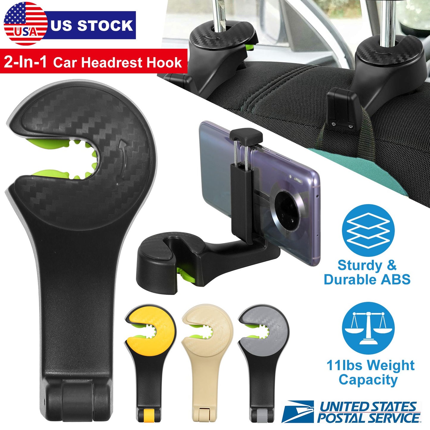 Car Headrest Hook with Phone Holder and Locking Design