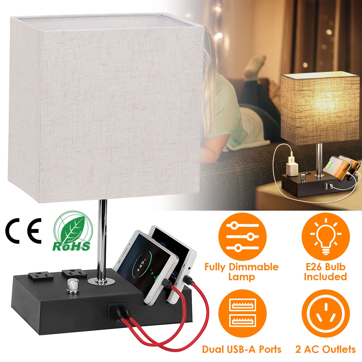 Dimmable Table Lamp with USB Ports and AC Outlets