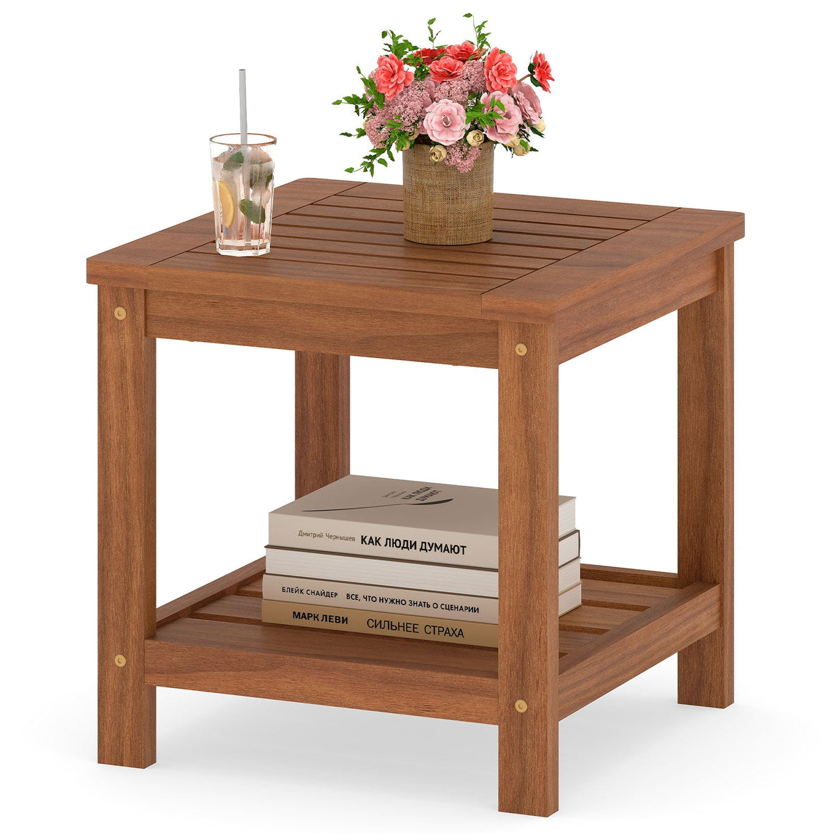 2-Tier Outdoor Side Table with Storage Shelf for Patio