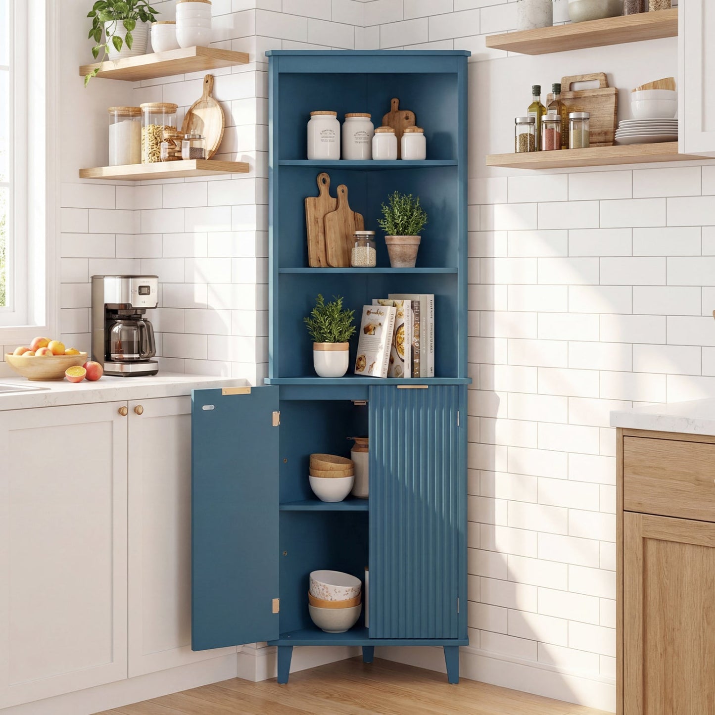 68 Inch Tall Bathroom Floor Storage Cabinet with Fluted Doors