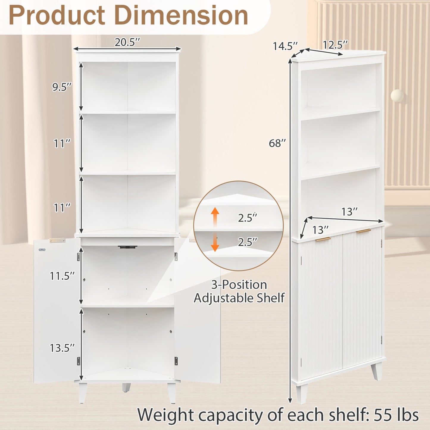 68 Inch Tall Bathroom Floor Storage Cabinet with Fluted Doors