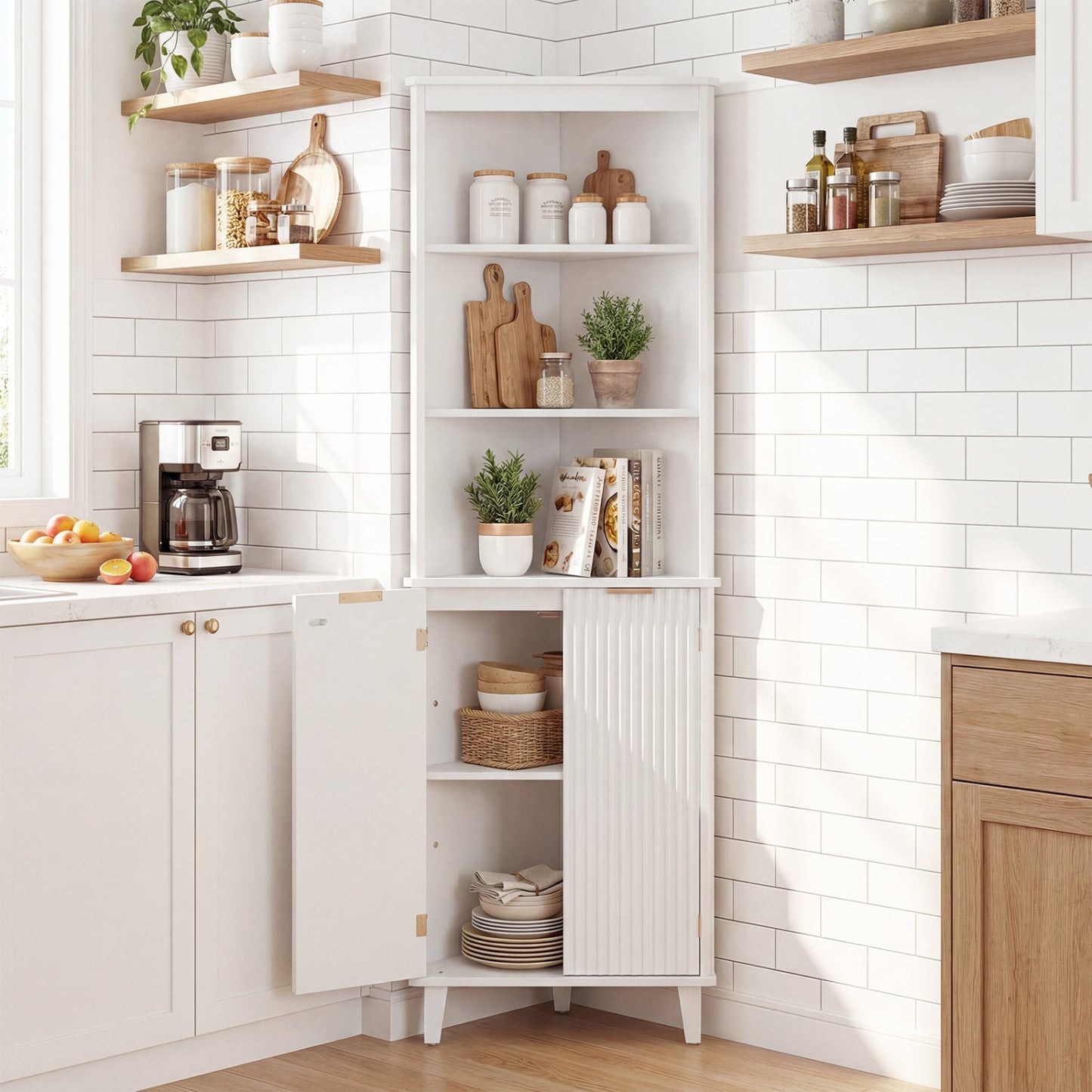 68 Inch Tall Bathroom Floor Storage Cabinet with Fluted Doors
