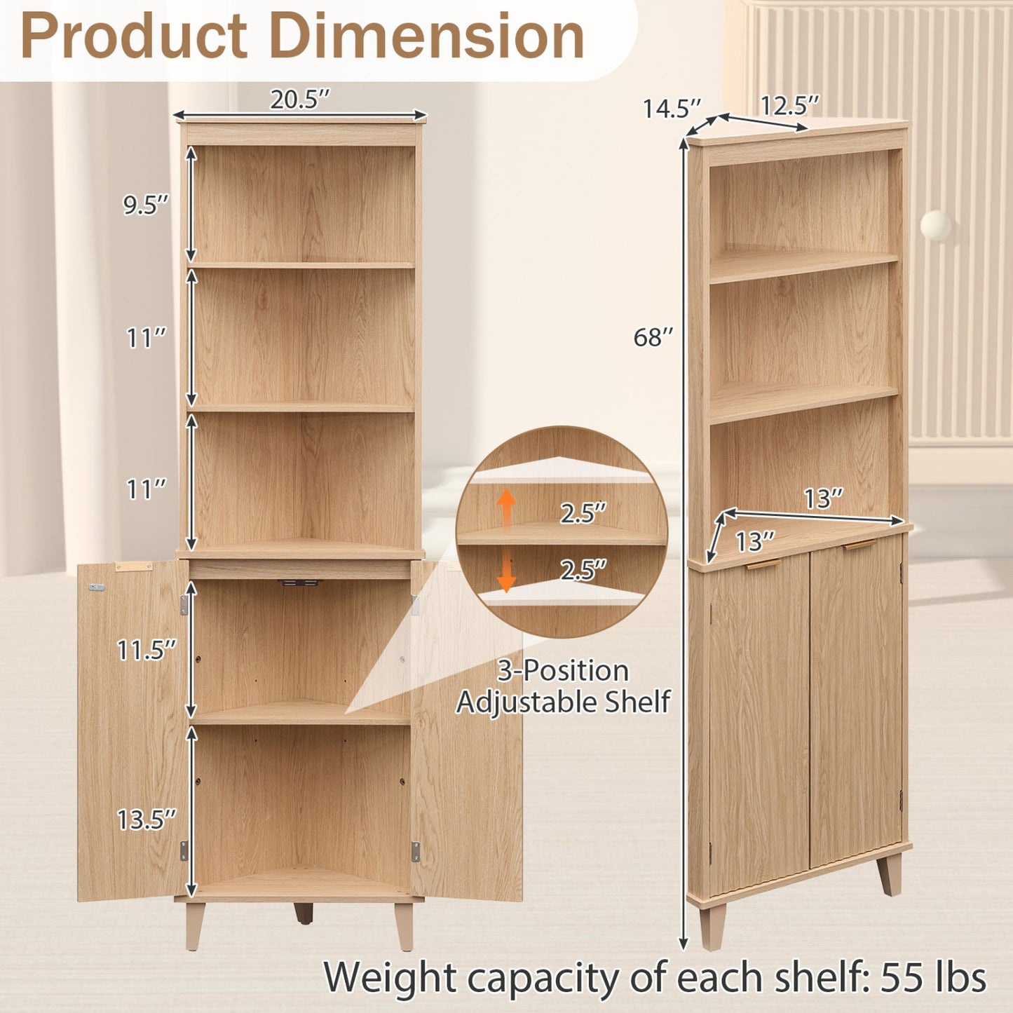 68 Inch Tall Corner Cabinet with Fluted Doors for Bathroom
