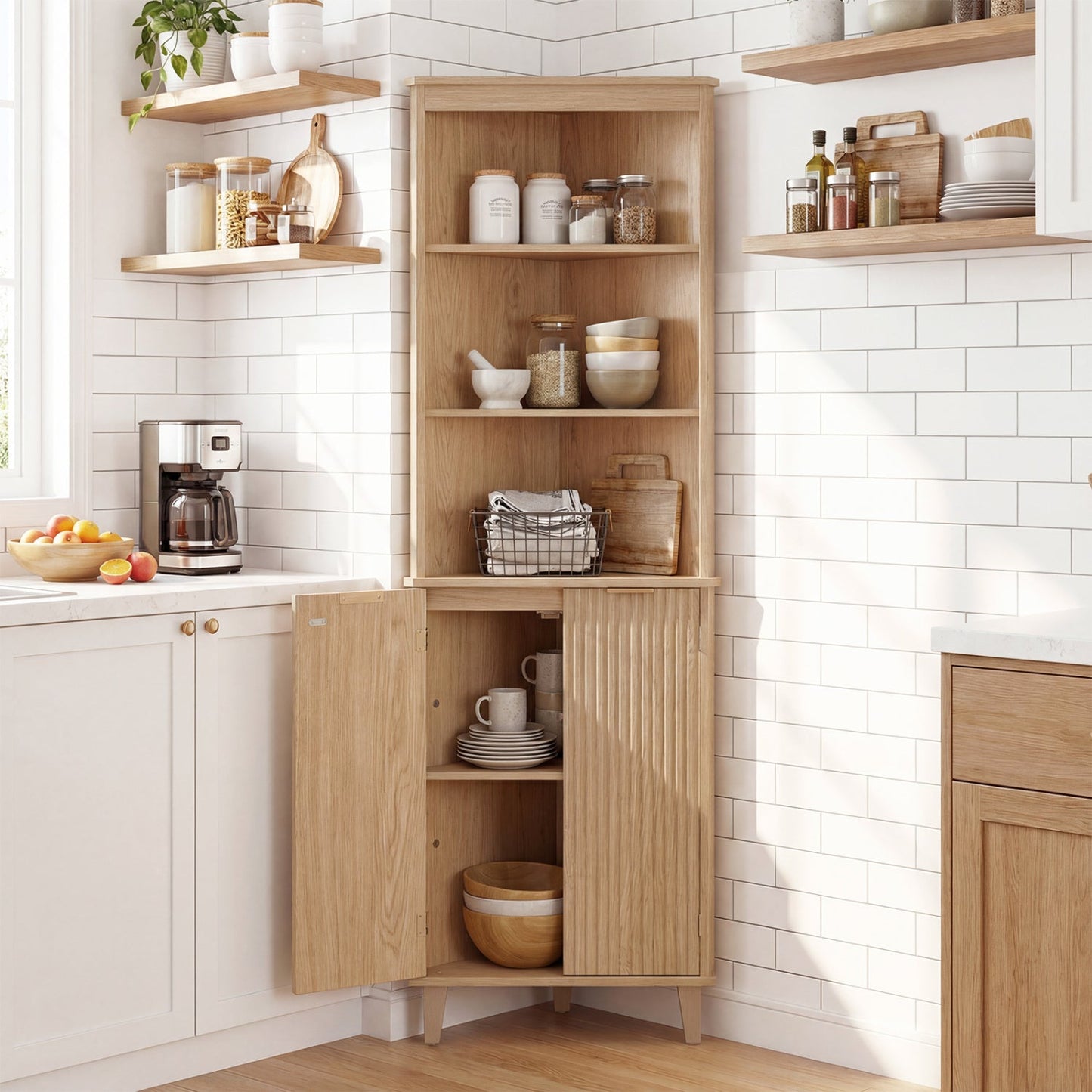 68 Inch Tall Corner Cabinet with Fluted Doors for Bathroom