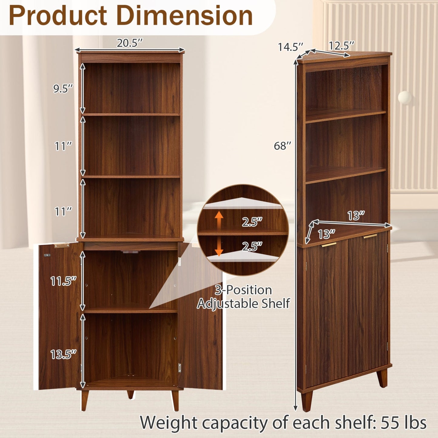 68 Inch Tall Corner Cabinet with Fluted Doors for Bathroom
