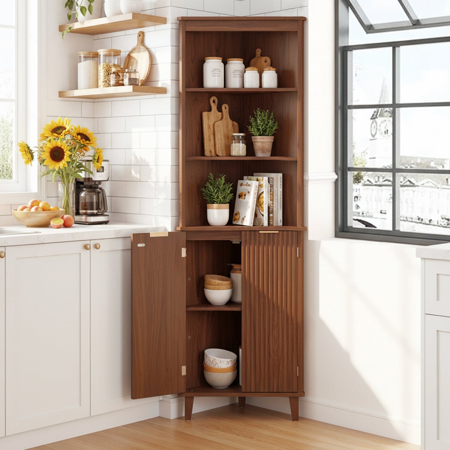 68 Inch Tall Corner Cabinet with Fluted Doors for Bathroom