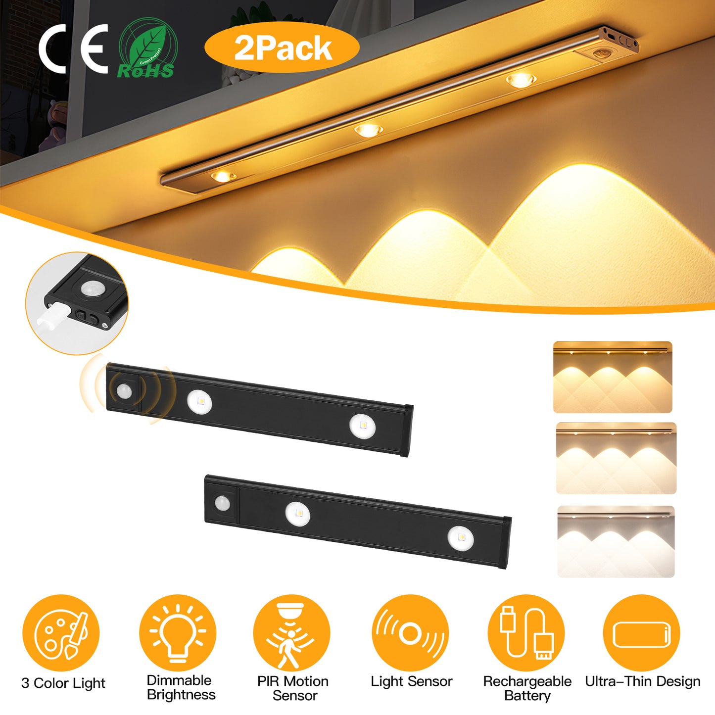 Rechargeable Motion Sensor Cabinet Light 2-Pack with 3 Colors