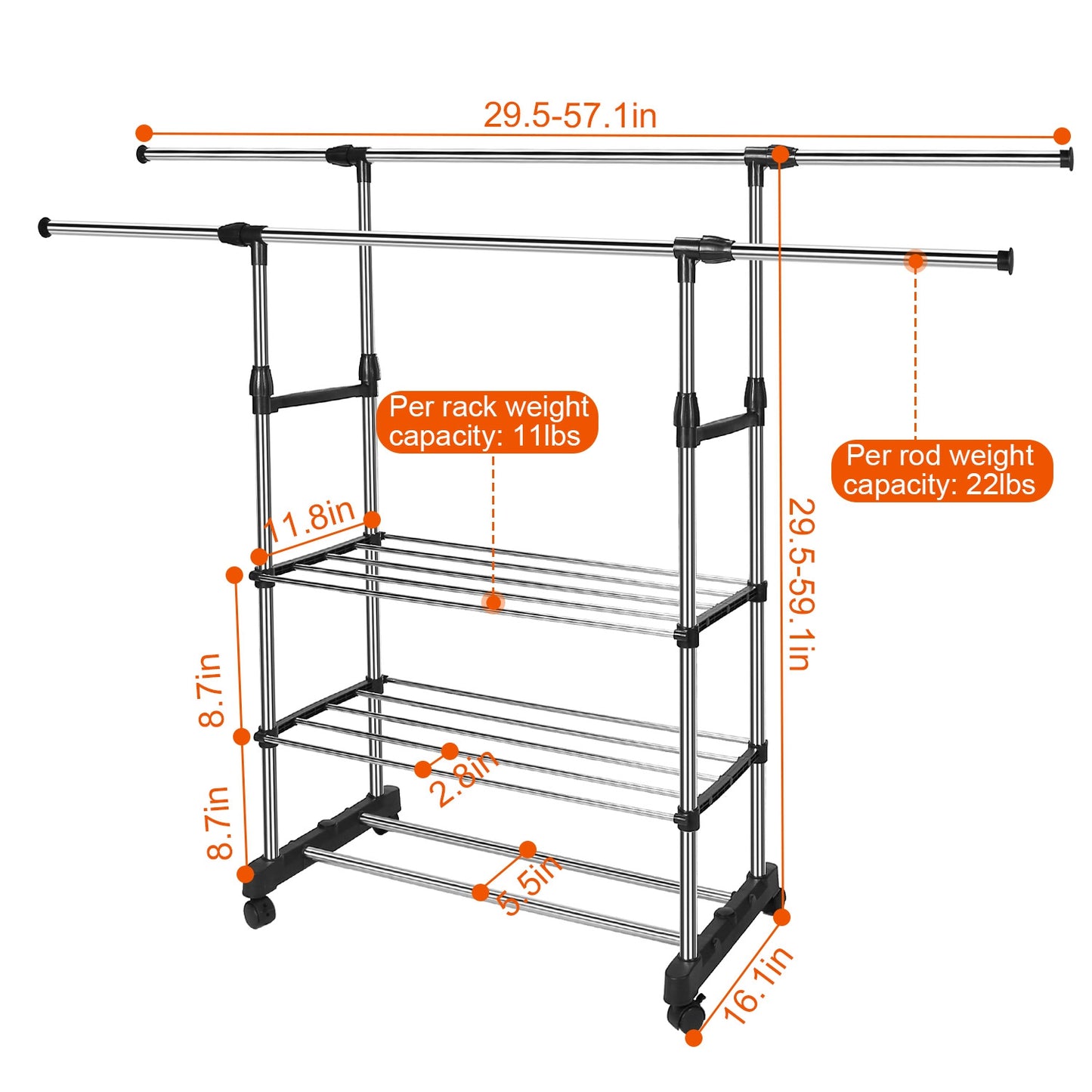 Extendable Garment Rack with Wheels - Adjustable Clothing Rail