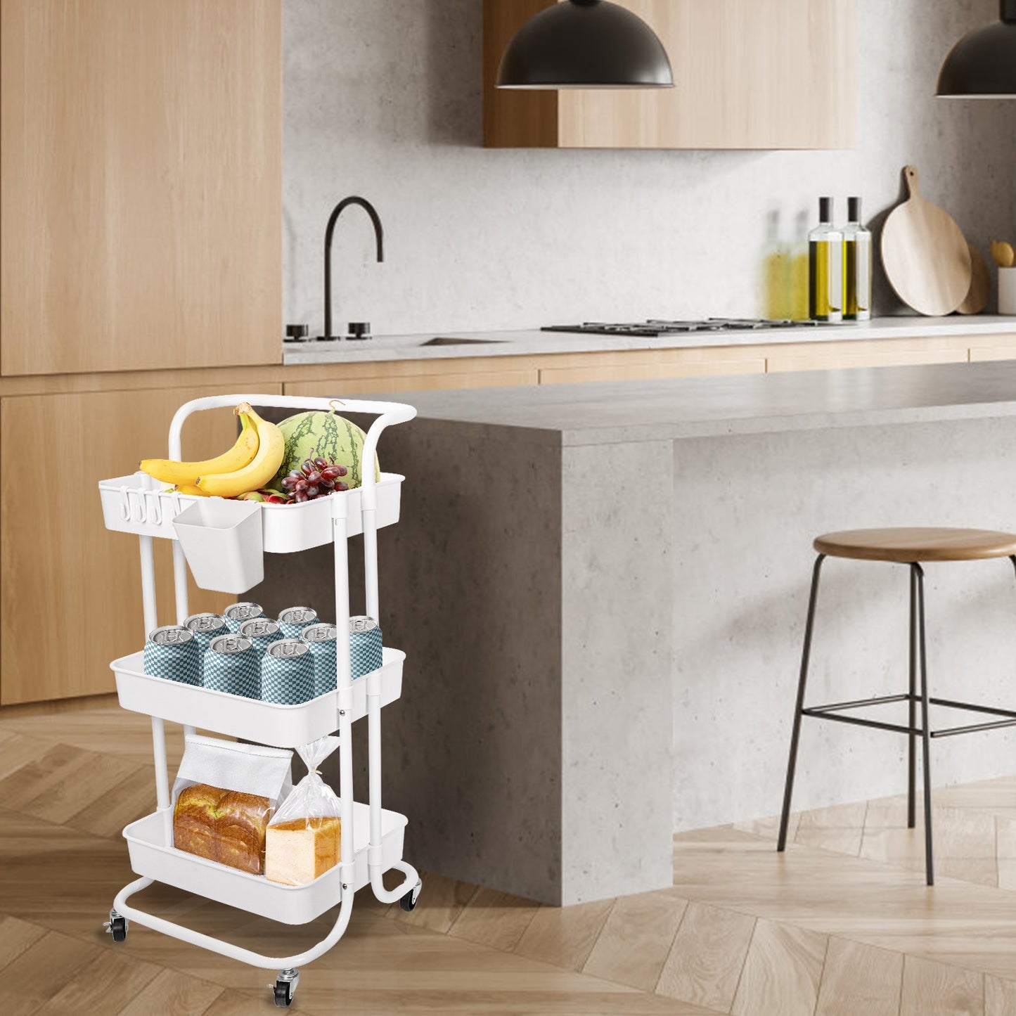 3-Tier Rolling Utility Cart with Lockable Wheels & Mesh Baskets