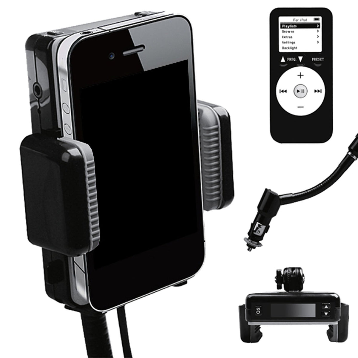 FM Transmitter Hands-free Car Charger W/ Remote Control Phone Stand 3.5 mm Headphone Jack Gooseneck Holder Fit For Smart Phone iPod MP3