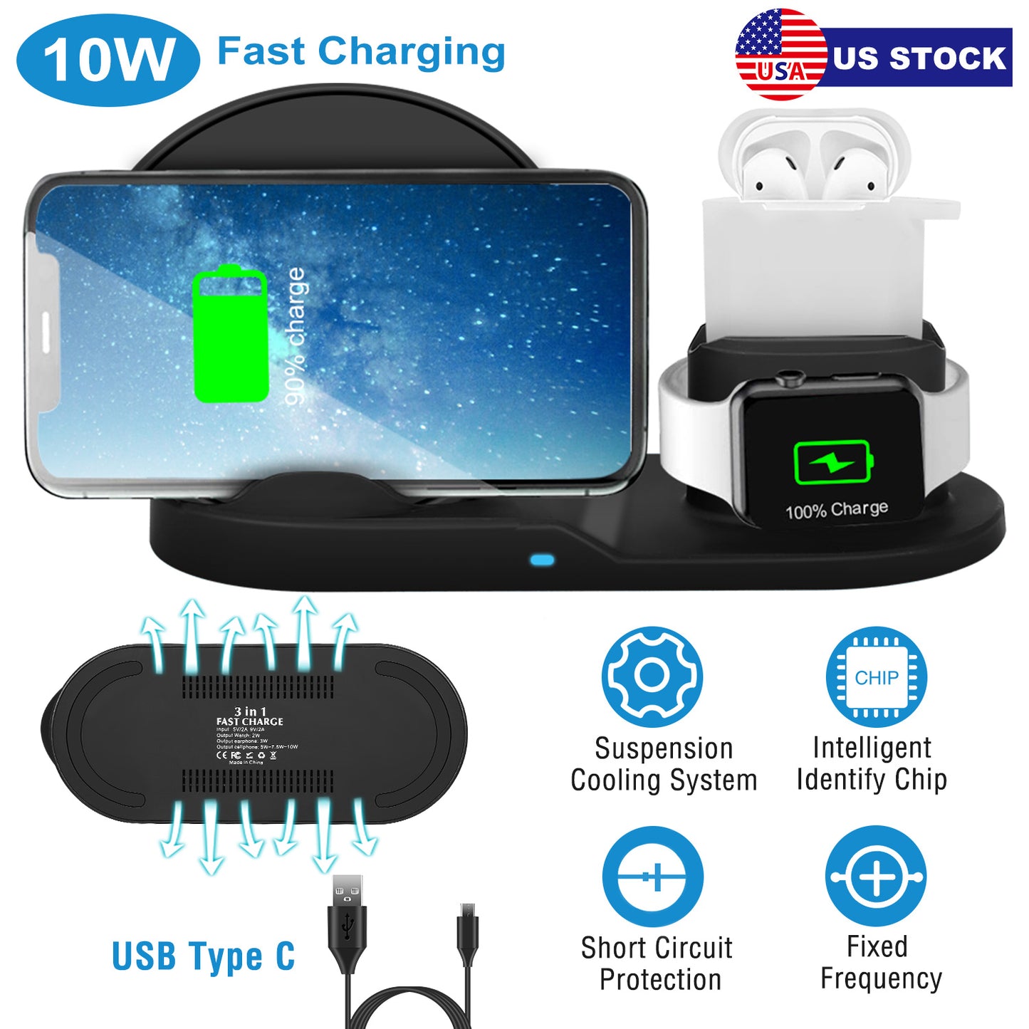 3-in-1 Wireless Charging Station 10W Fast Charge Dock