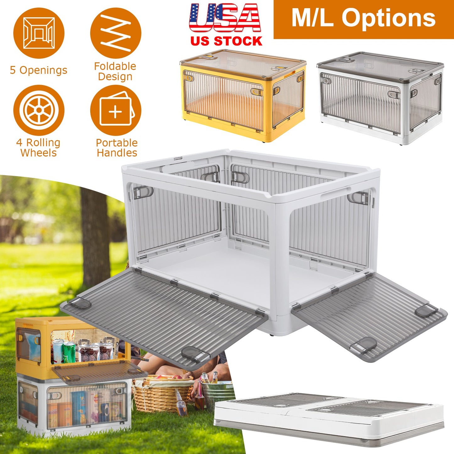 70QT Foldable Storage Bin with Lid and 4 Side Doors