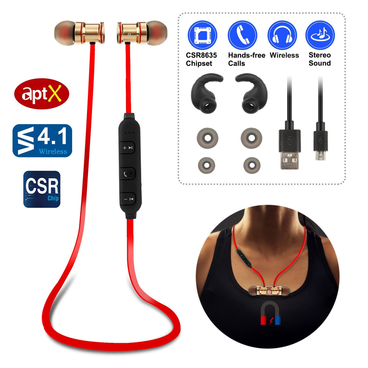 Sport Headsets Wireless V4.1 In-Ear Stereo Headphones Sweat-proof Running Earphones w/Mic Hands-free