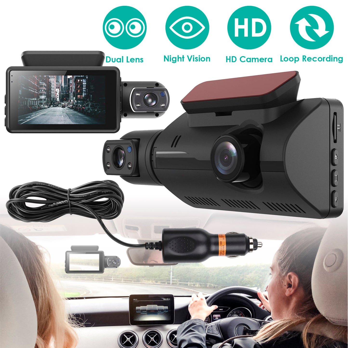 Dual Lens Dash Cam 720P Front & Interior Night Vision Camera