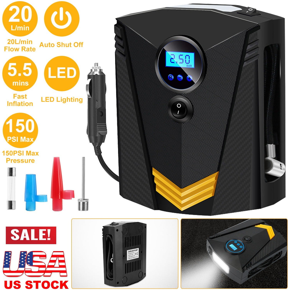 Tire Inflator 12V DC 100W 150PSI Digital Tire Pump w/LCD Display Electric Air Compressor Pump 20L/Min Air Flow