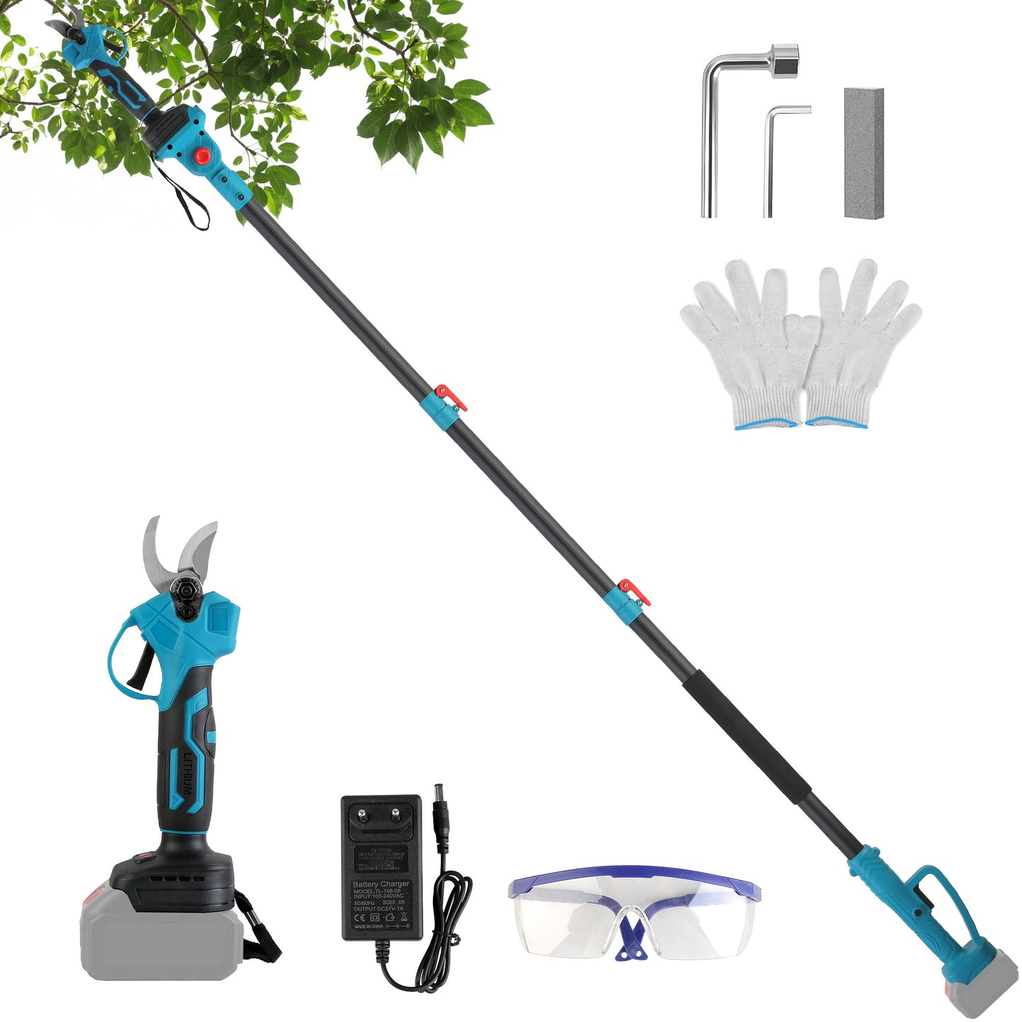Electric Pruning Shears with 13ft Extension Pole & 2 Batteries