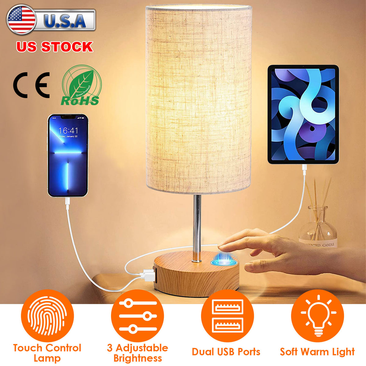 Touch Control Table Lamp 3-Way Dimmable Nightstand Beside Lamp for Bedroom Living Room Dual USB Ports LED Bulb Included