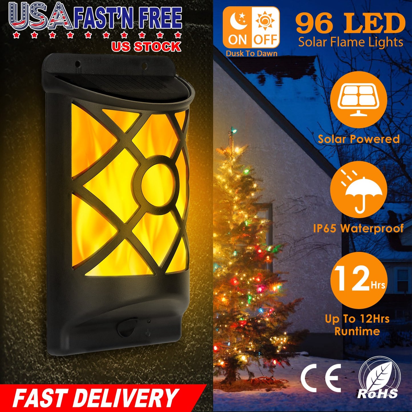 Solar Flame Wall Light with 96 LEDs - Waterproof Outdoor