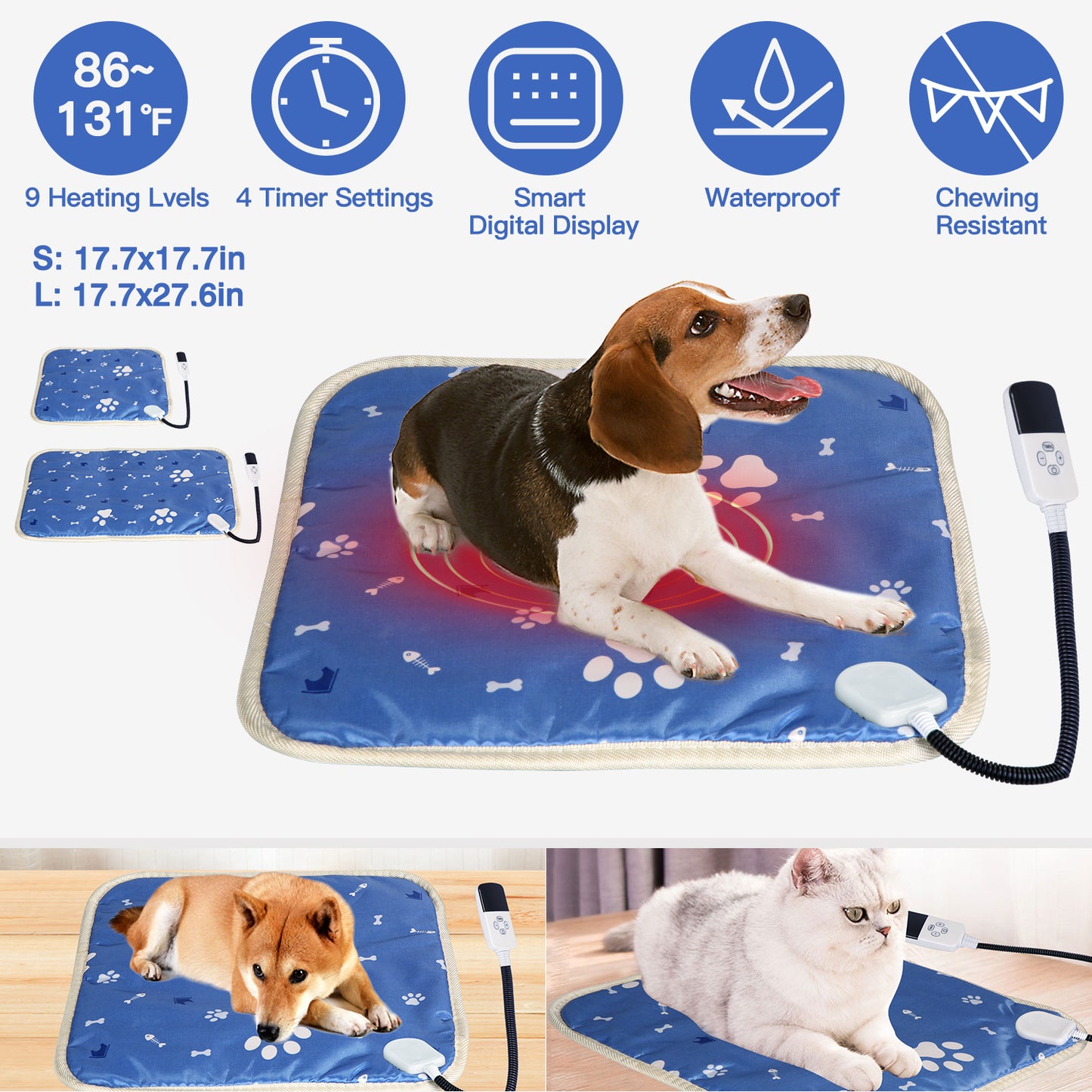 Pet Heating Pad with 9 Temperature Levels & Timer Settings