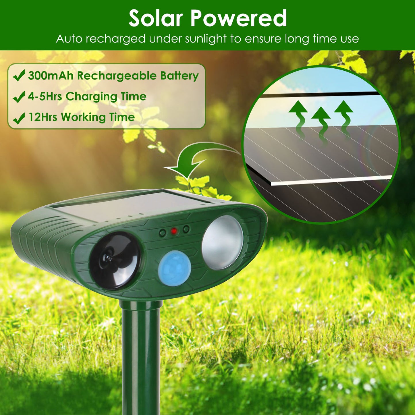Solar Ultrasonic Animal Repeller with Motion Sensor & LED Light
