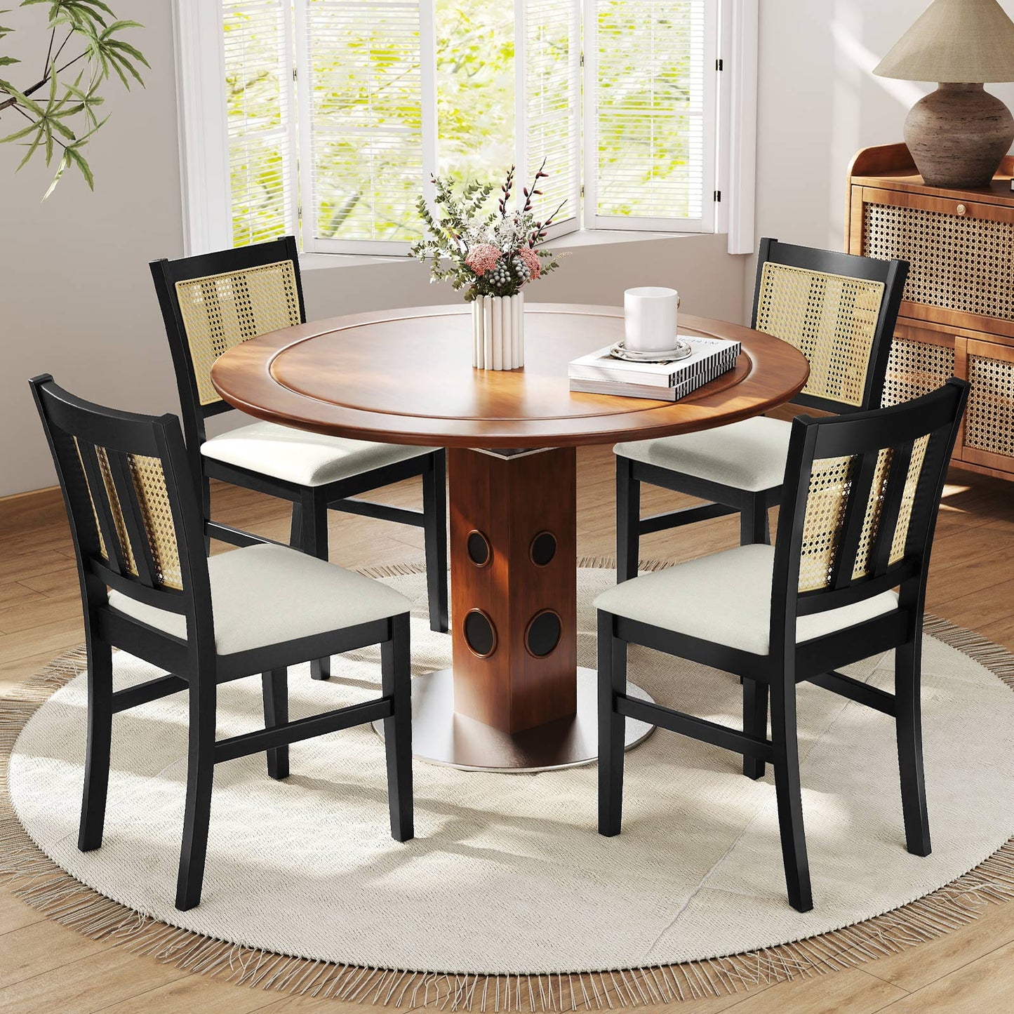 Rattan Dining Chairs Set of 2 with Cushioned Seats