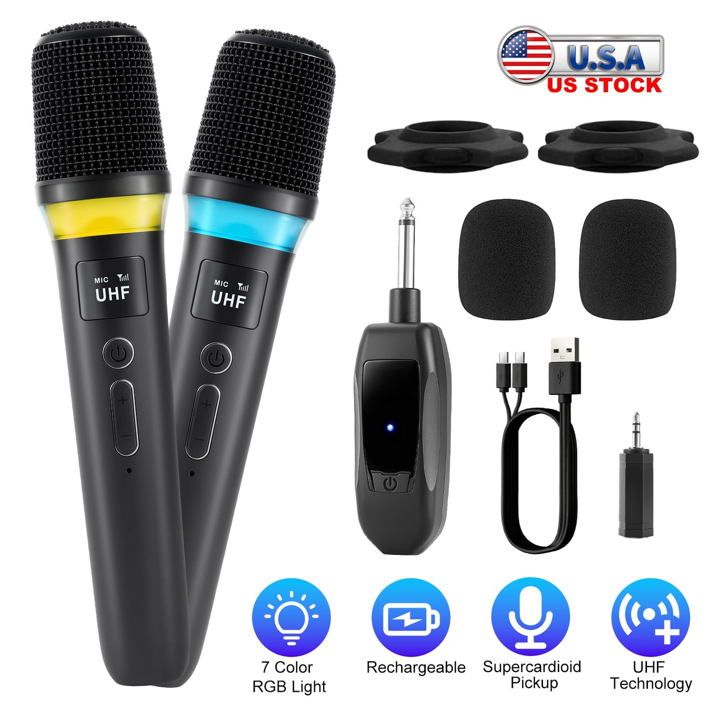 Wireless Microphone System with 164FT Range & RGB Lights