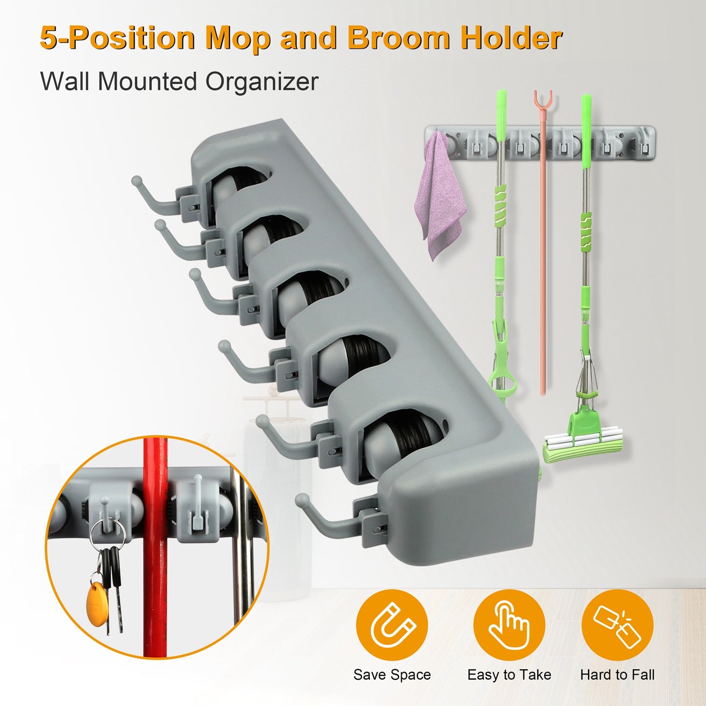 Wall Mount Mop Holder with 5 Slots and 6 Hooks